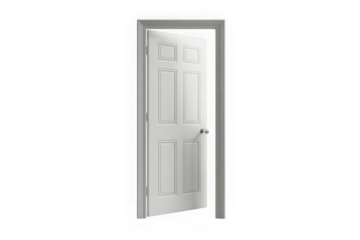 A white six panel interior door slightly ajar on a transparent background