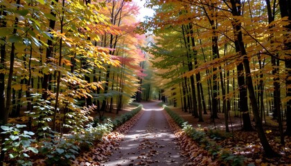 Scenic Autumn Pathway Surrounded by Vibrant Trees in a Woodland Forest
