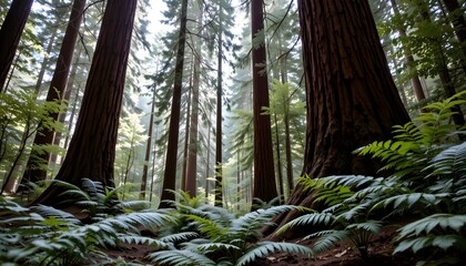 Tall Evergreen Trees Surrounding Lush Green Ferns in a Peaceful Forest Environment