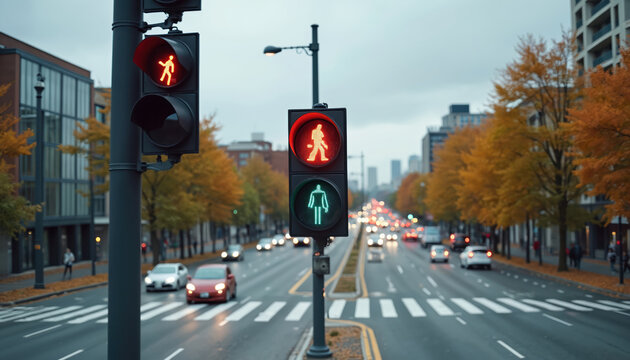 City street with vehicles moving on road. Traffic lights control traffic flow. Pedestrian crosswalk active with walk signals. Urban area autumn trees, modern buildings. Cloudy sky over busy city