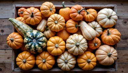 Collection of Various Pumpkins in Different Shapes and Colors in a Wooden Basket for Autumn Harvest