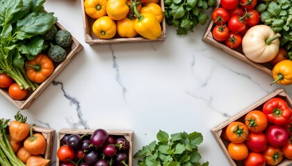 Fresh and Colorful Assortment of Organic Vegetables and Herbs on Marble Background
