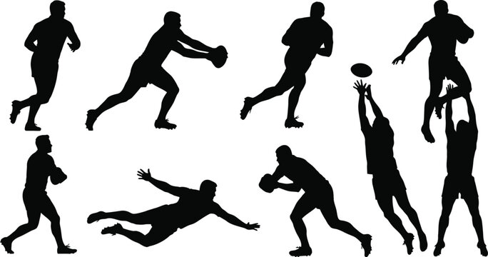 Silhouettes of rugby players in various actions, including running, passing, catching, and tackling, showing athleticism