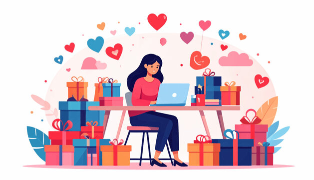 A woman working on a laptop surrounded by numerous colorful gift boxes and floating hearts, depicting online shopping or gift management.