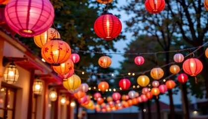 Colorful Decorative Lanterns Illuminating Pathway During Evening in Outdoor Celebration