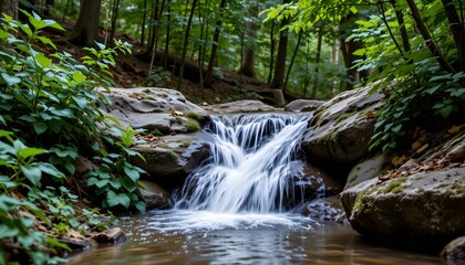 Tranquil Waterfall Flowing Over Rocks Surrounded By Lush Green Forest In A Scenic Landscape