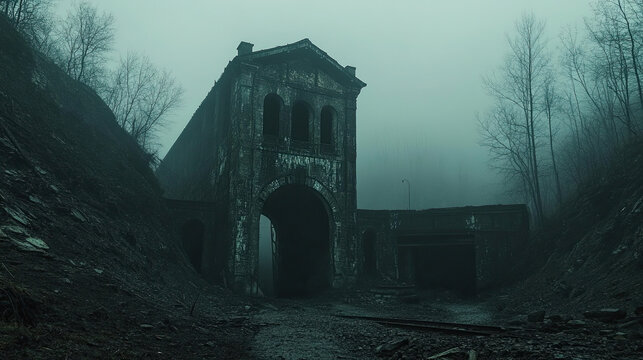 Mysterious abandoned brick structure shrouded in atmospheric fog, evoking a sense of forgotten history and industrial decay amidst barren trees and rough terrain
