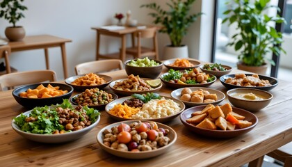 Variety of Colorful Fresh Dishes Prepared for a Family Meal on a Wooden Table in Modern Dining Space