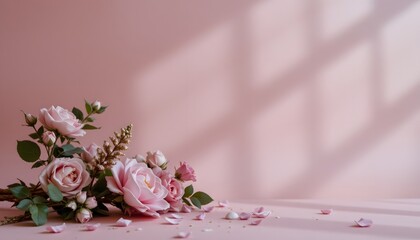 Delicate Pink Rose Floral Arrangement with Soft Shadows on a Light Pink Background