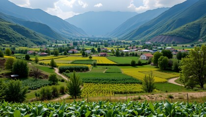Expansive Agricultural Valley Surrounded by Mountains Under a Bright Blue Sky