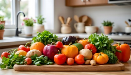 Colorful Display of Fresh Vegetables and Fruits on a Wooden Cutting Board in a Bright Kitchen