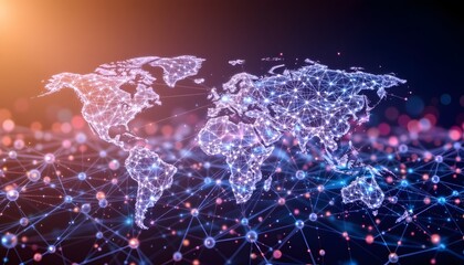 Abstract Digital World Map with Network Connections and Colorful Data Visualization