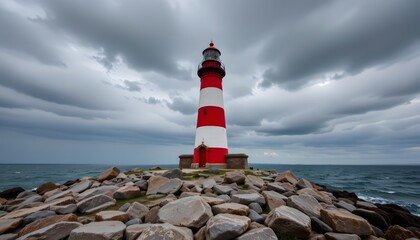 Vibrant Red and White Lighthouse on Rocky Shore Against Dramatic Stormy Sky Over Ocean