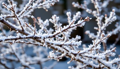 Frost-Covered Branches Glimmering in Sunlight During a Cold Winter Morning