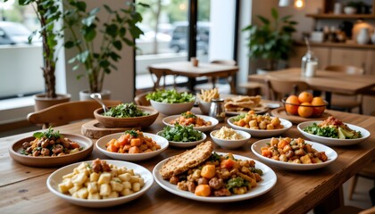 Variety of Healthy Dishes and Fresh Salads on Wooden Table in Restaurant Dining Area