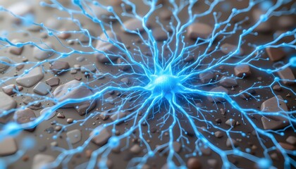Dynamic Electric Energy Burst with Blue Lightning Fractal Patterns on Black Background
