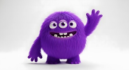 A cute, fluffy, three-eyed purple monster waving hello with a friendly smile.