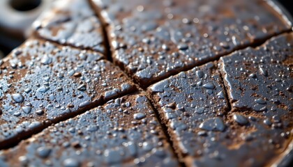 Closeup of Moist Chocolate Brownie Slices with Glossy Finish and Droplets on Surface