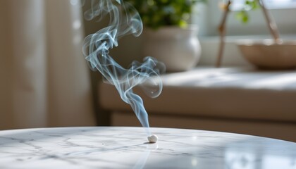 Delicate Smoke Rising from Incense on a White Table in a Serene Home Environment