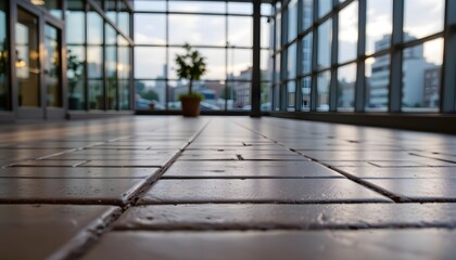 Interior View of a Modern Space Featuring Polished Floor Tiles and Large Glass Windows