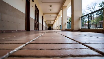 Perspective View of an Empty Corridor with Tiled Floor and Soft Natural Light Streaming Through Windows