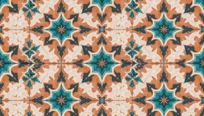 Colorful Geometric Pattern with Intricate Floral Design in Teal and Orange Hues