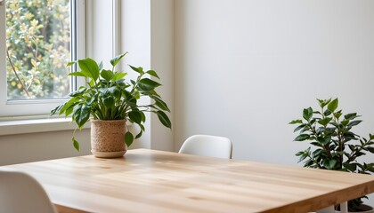 Indoor Space with Wooden Table and Potted Green Plants Illuminated by Natural Light from Window