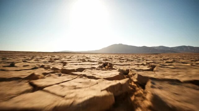 Smooth dolly shot gliding over a dry desert riverbed, emphasizing cracked earth under intense midday sun dry, epic, cracked