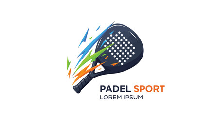 Dynamic Padel Sport Logo Design Featuring Racquet with Exploding Colorful Streaks