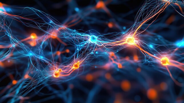 Bioluminescent neural network pattern in electric blue, orange. Futuristic 80s style, neon glow, intricate lines. Digital art, technology visuals, modern 80s aesthetic, web design, abstract background