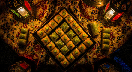 Delicious traditional turkish baklava pastries on a decorative table with lanterns