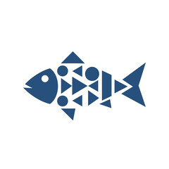 Stylized fish illustration in deep blue color with geometric design concept