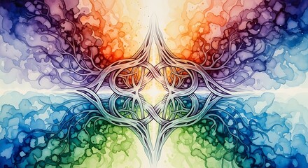 Watercolor painting of abstract organic forms with vibrant color gradients