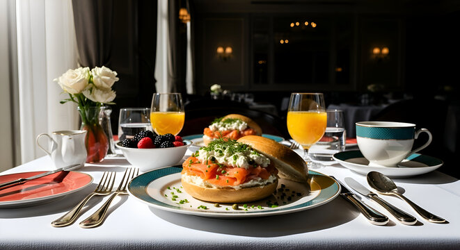 Elegant Breakfast Table Setting with Smoked Salmon Bagel, Orange Juice, and Coffee for Fine Dining