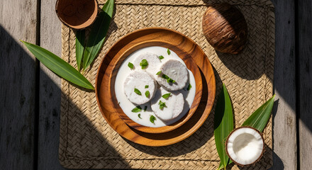 Delicious tropical food composition with coconut and wooden dishes, close-up shot on top view
