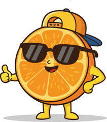 Vector art of a happy orange fruit cartoon character wearing glasses and a hat