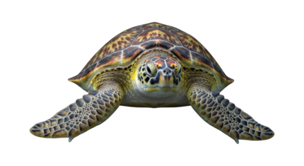 Sea turtle facing forward with patterned shell, isolated on black background