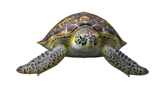 Sea turtle facing forward with patterned shell, isolated on black background