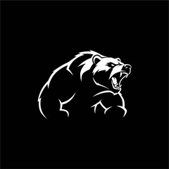 White silhouette of a roaring bear with visible teeth and claws against a black background.