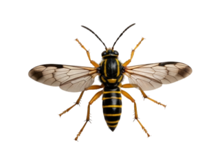 Sawfly close-up, black and yellow stripes, delicate wings on dark background