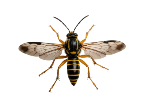 Sawfly close-up, black and yellow stripes, delicate wings on dark background
