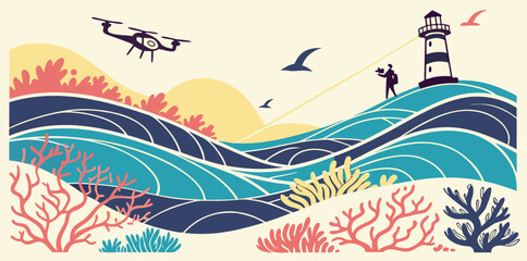 Drone Captures Lighthouse Scene with Stylized Landscape