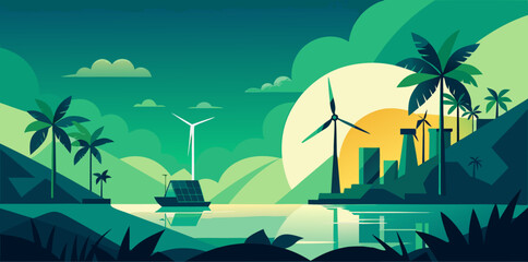 Eco- Friendly Landscape with Wind Turbines and Sun