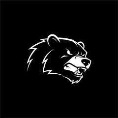 A stylized, fierce bear head illustration in white against a black background, showcasing an aggressive expression.
