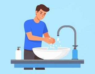 A man washes his hands with soap and water in a bathroom sink.
