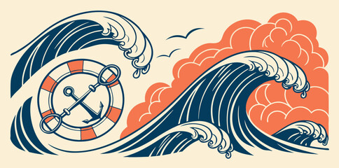 Nautical Waves With Anchor And Lifebuoy Illustration Keywords: ocean, sea, waves, nautical