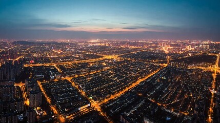 Obraz premium Aerial Night View of a Vibrant Urban Cityscape with Illuminated Streets and Distant Horizons