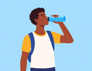 Illustration of a young man drinking water from a blue bottle.