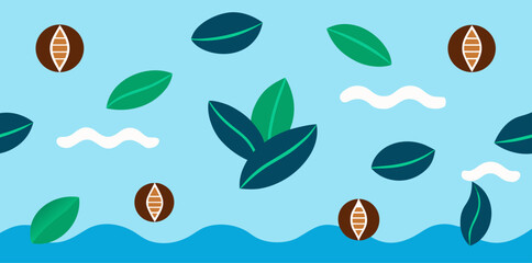 Repeating Pattern of Leaves and Boats on Blue Background