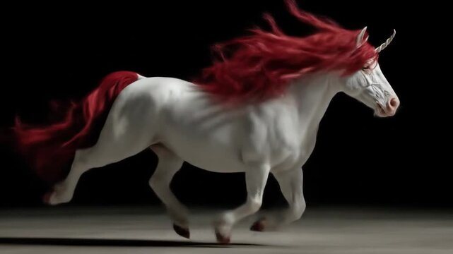 Majestic unicorn with crimson mane and tail galloping against dark backdrop